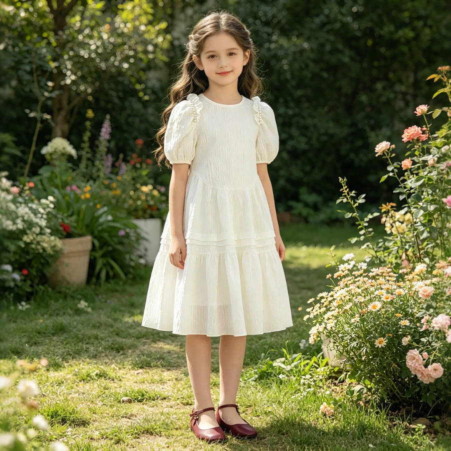 

Girls White Puff Sleeve Dress Summer Kids Pearl Decor Ruffle Cake Layer Princess Dress Casual Party Birthday Dress for 4-12Years