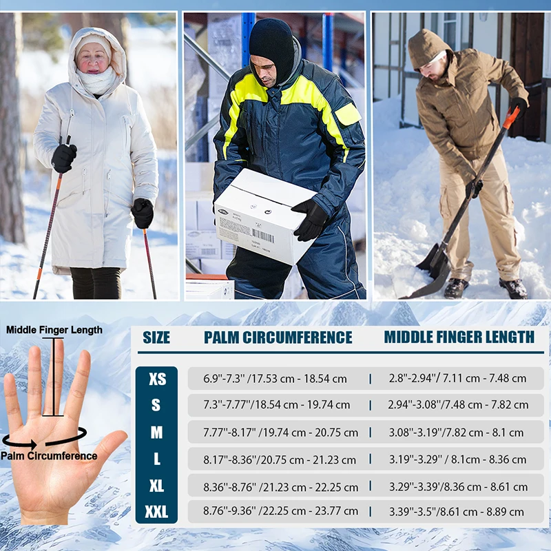 Winter Herren Thermoisolierte Skihandschuhe Touchscreen mit Flusen Eaturing Verstellbare Handgelenkschlaufen Reißverschlusstaschendesign