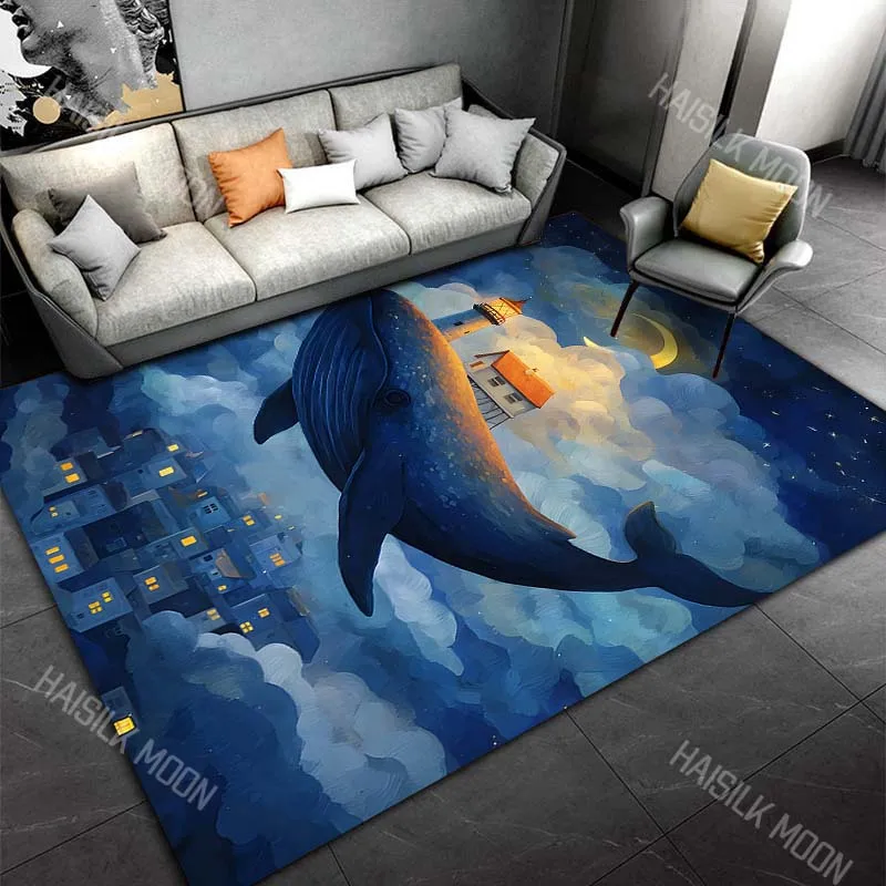 Whale carrying lighthouse house Print Carpet Rug for Living Room Bedroom Sofa Doormat Home Decor Non-slip Floor Mat
