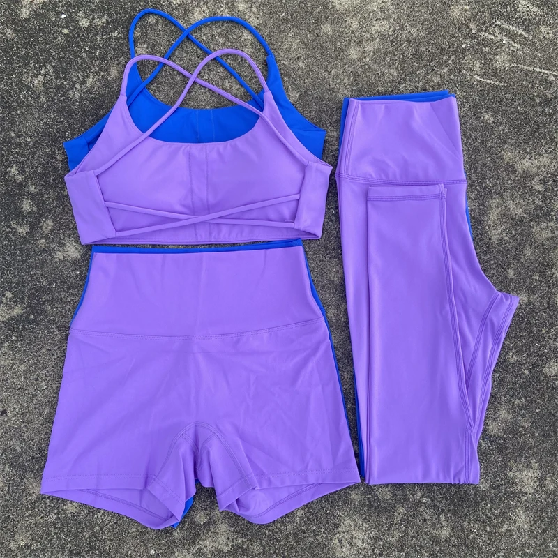 3 Piece Yoga Set Gym Sports Set Women Workout Outfit Fitness Suit Cross Straps Bra High Waist Shorts Leggings Running Tracksuit