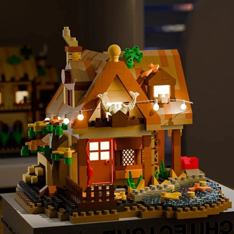 Diy Street View modelo de construcción ensamblar bloques de construcción bosque árbol casa rompecabezas molino de viento árbol casa decoración juguetes Decoración de mesa