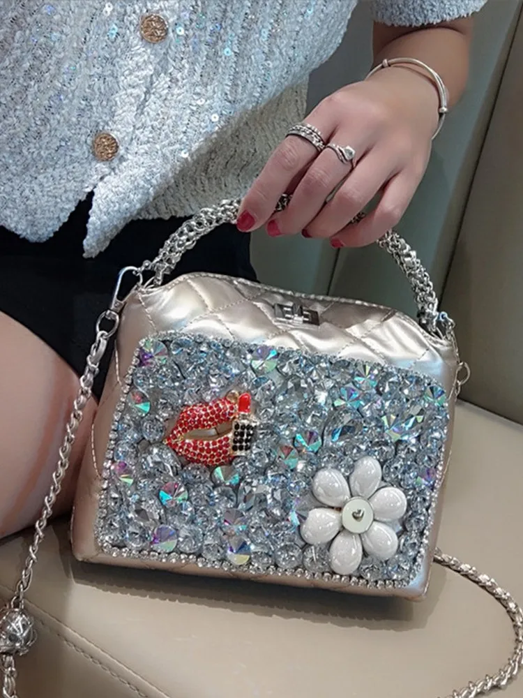 جديد إمرأة غلق بمشبك موضة الماس البقرة انقسام حقيبة يد جلدية السيدات سلسلة الماس شبكة مربع صغير الكتف Crossbody حقيبة تحت الإبط #5