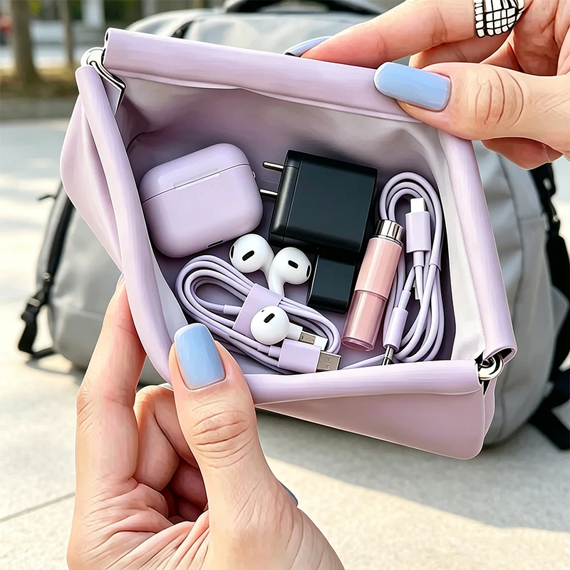 Automatic Closed Purse Bag Mini PU Separate Earphone Charging Cable Storage Bag Portable Zero Wallet Coin Lipstick Storage Bag