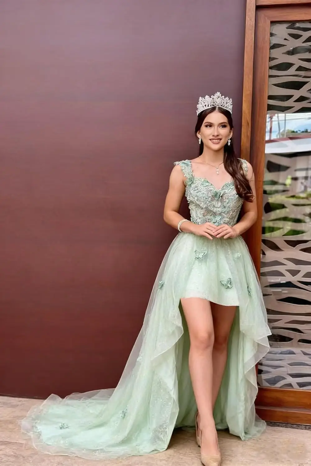 light blue quince dress with butterflies Long Sky Prom Dresses Butterfly Applique Quinceanera Dresses, QB0 QueenaBridal Butterfly Detail Quinceaera Dress |
