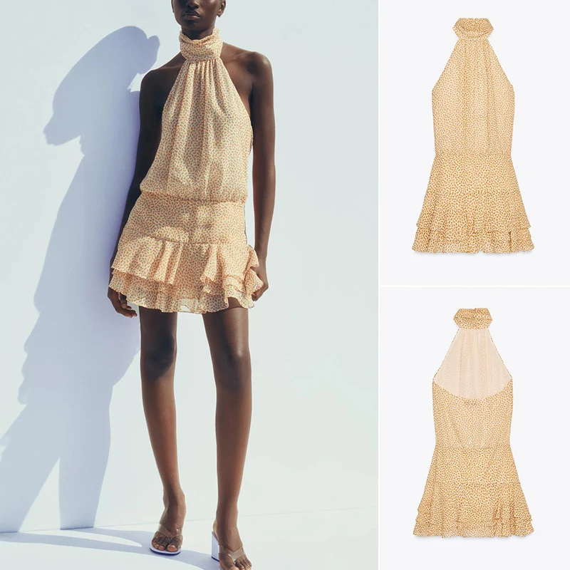 فستان نسائي صيفي جديد بظهر مكشوف وطباعة مع ياقة معلقة وطبقات متعددة للارتداء الداخلي بأسلوب تنورة خيالية وخصر طبيعي