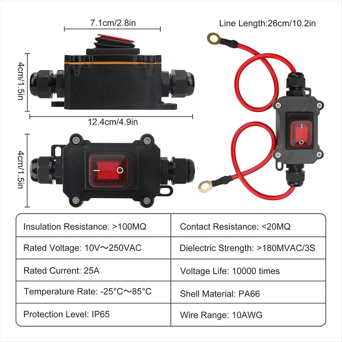 A20I Waterproof Inline Cord Switch, DC12-24V DPST on Off Toggle Switch with Red Light & 10 AWG Cable Wire for Outdoor