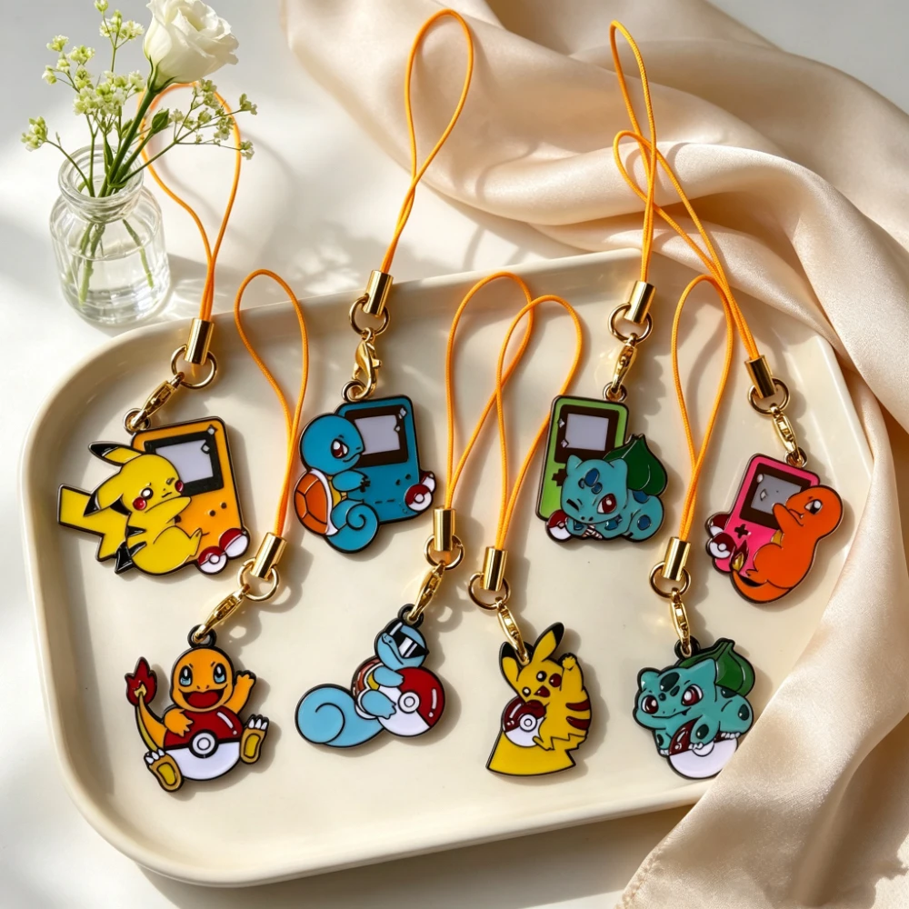 8Pcs Colorful Cartoon Metal Charms, Retro Handheld Game Pendant with Yellow Cord, DIY Decor Accessories for Phone and Backpack