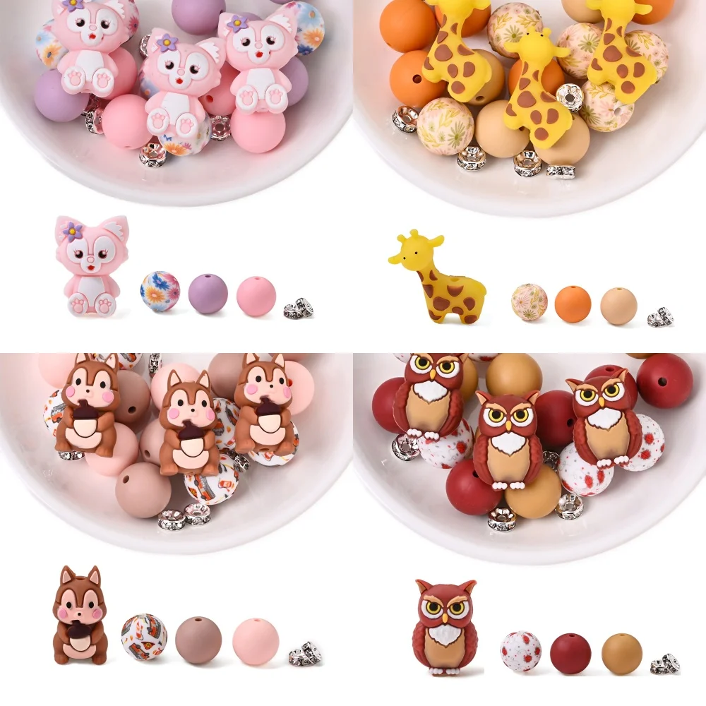 

15 шт. милых силиконовых бусин в виде мультяшных животных, 15 мм, круглые, для самостоятельного изготовления украшений, бисероплетения, ручек, держателей для сосок и аксессуаров