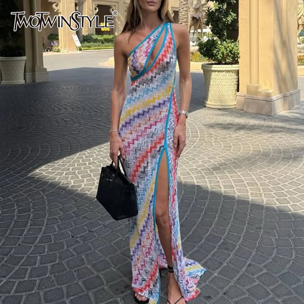TWOTWINSTYLE Bunte Print Kleider für Frauen Diagonal Kragen Gespleißt Aushöhlen Ärmellose Hohe Taille Split Kleid Weibliche Herbst