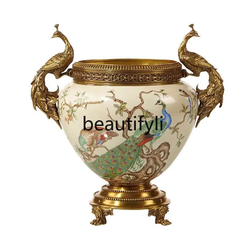 European American peacock decorative ceramics with copper flower pot ornaments, living room entrance atmosphere decoration