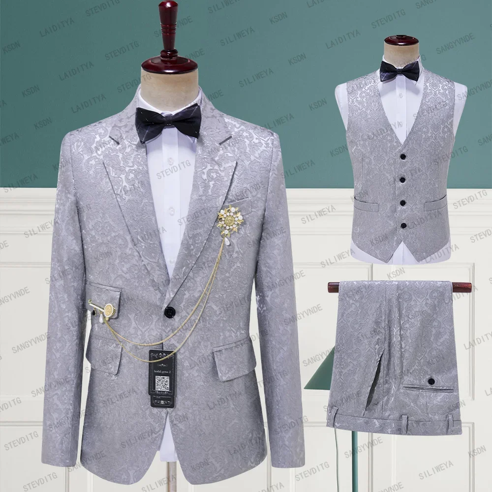 

New Costume Homme Popular Grey Jacquard Men Suits Three Pieces Tailor-Made Blazers Pants Business Causal One Button Wedding