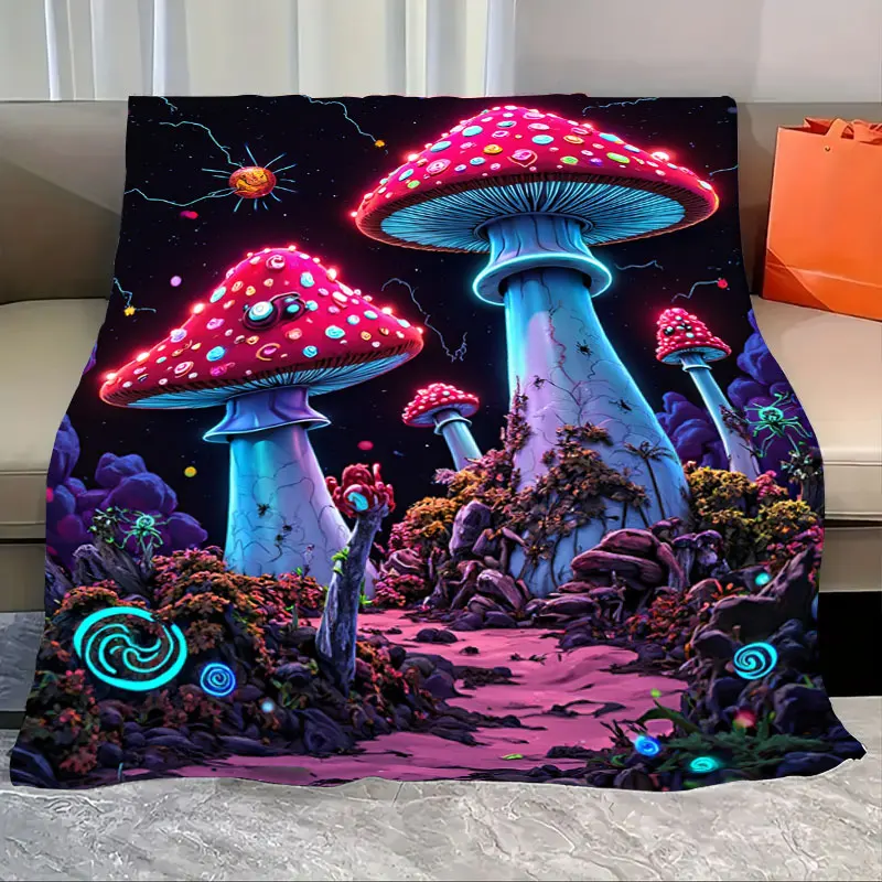 

1pc Flannel Blanket Glowing Mushroom Forest Blanket - Neon Fantasy Landscape Throw