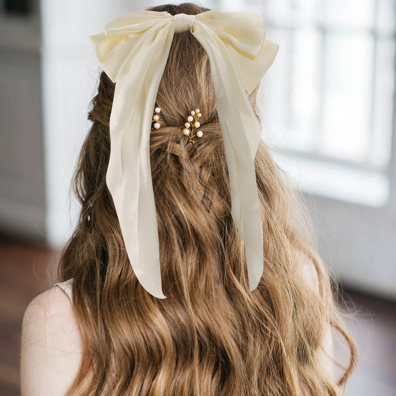 

Big Bow Hair Clip Women Girls Accessories Silky Ponytail Ribbons Hairstyle Wedding Party Daily Use Non Fading Metal Cloth