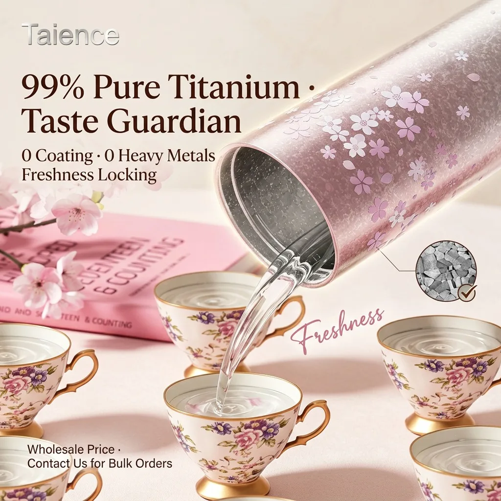 Taience Titanium Coffee Cup 520ml Insulated Tumbler with Straw Sakura Design Lightweight Gift Box for Travel Office