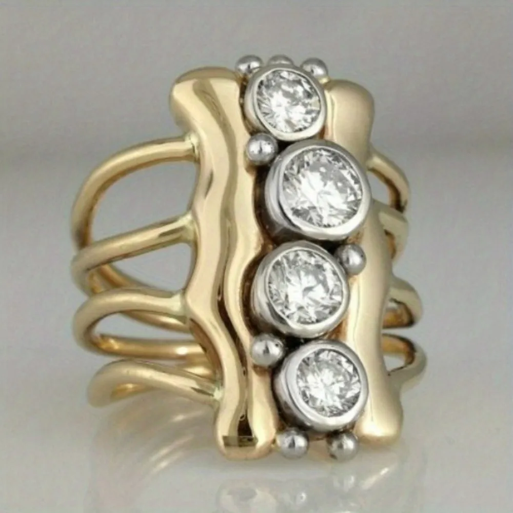 Heavy Craft Two‑Tone Multi‑Wire Hollow Split Band Geometric Bezel‑Set 5A Zircon Wide Rings for Women Statement Fashion Jewelry