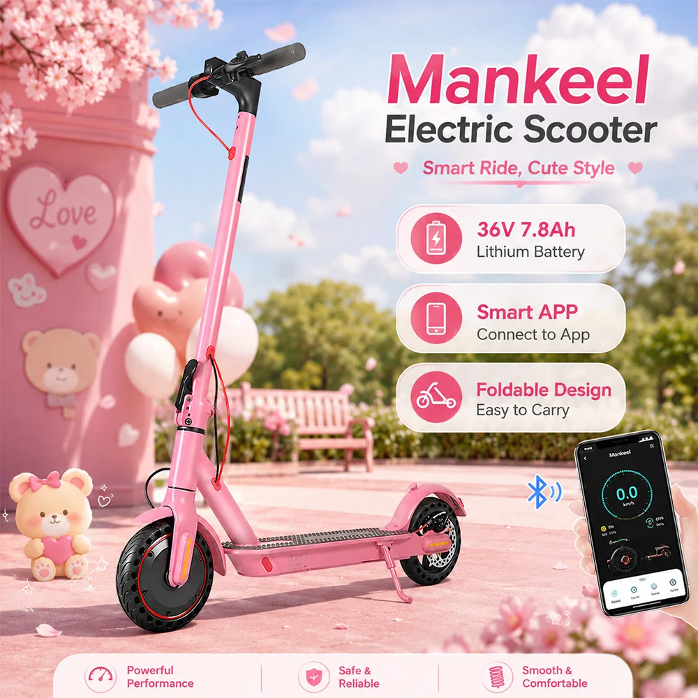Trottinette électrique pliable rose pour adultes, batterie rechargeable 36V 7.8AH, contrôle par connexion à l'application mobile, trottinette électrique pliable portable pour les trajets quotidiens