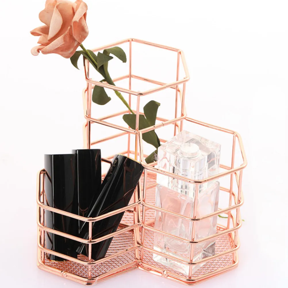 

Iron Pen Holder Rose Gold Geometric Desktop Stationery Organizer Multifunctional Storage Container for Home Office School