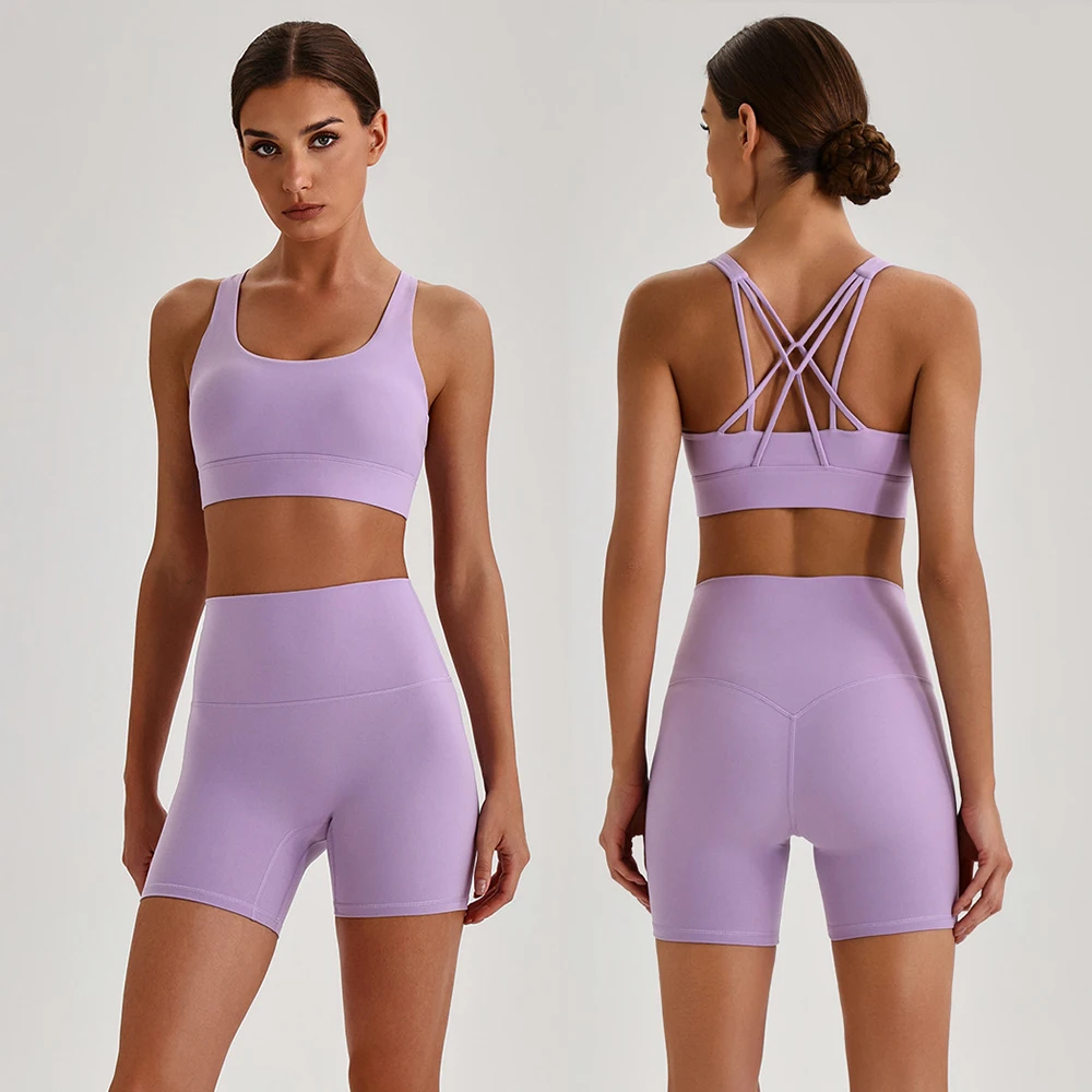 2 Piece Nylon Fitness Yoga Set Women Running Sportswear High Waist Biker Shorts Cross Back Sports Bras Gym Sets Workout Clothes