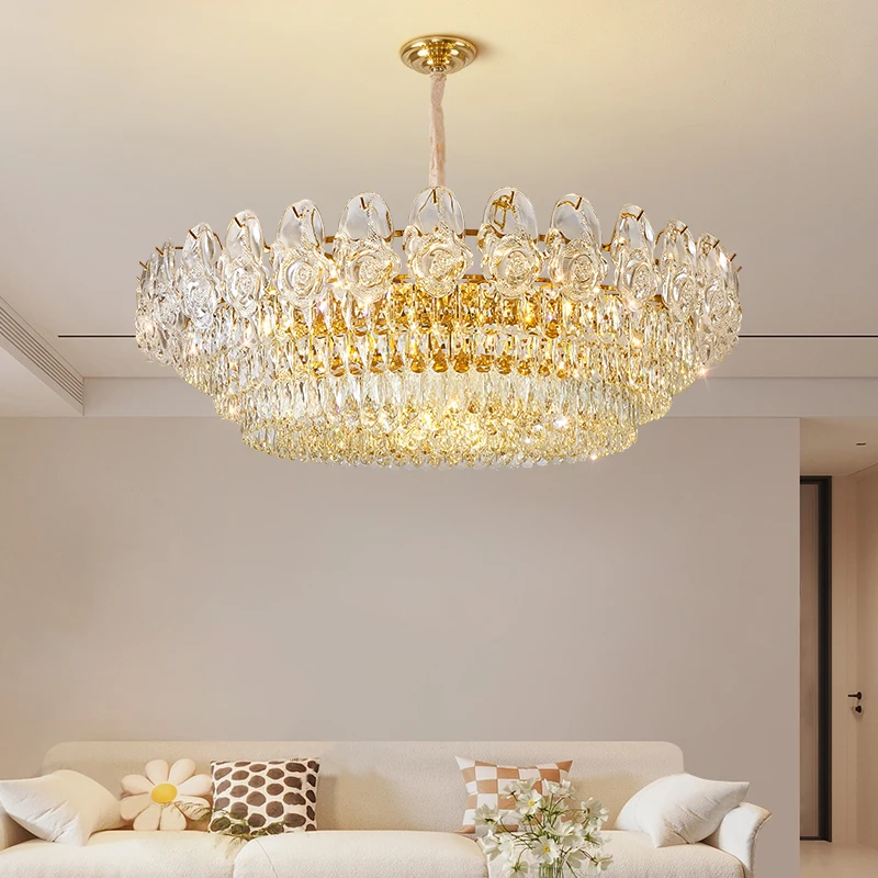 Lustre de cristal luxuoso para sala de estar e jantar, luz francesa, rosa criativa para quarto, lâmpada de personalidade elegante, vermelho líquido, novo, 2024