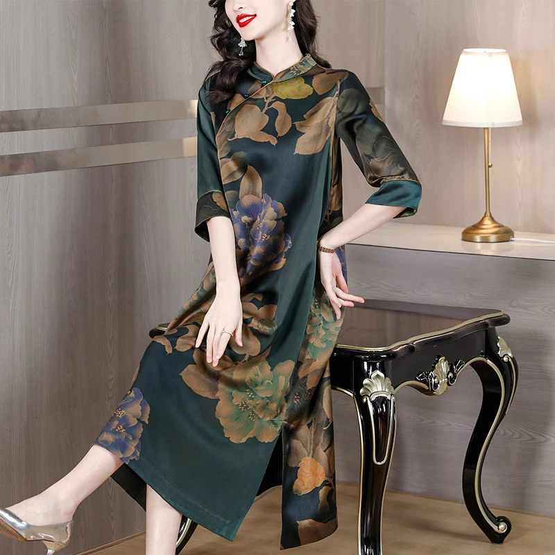 2023 Summer New Silk Vintage Flower Print Dress Women's Silk Short Sleeve Cheongsam Dress Loose Oversized Long Dress