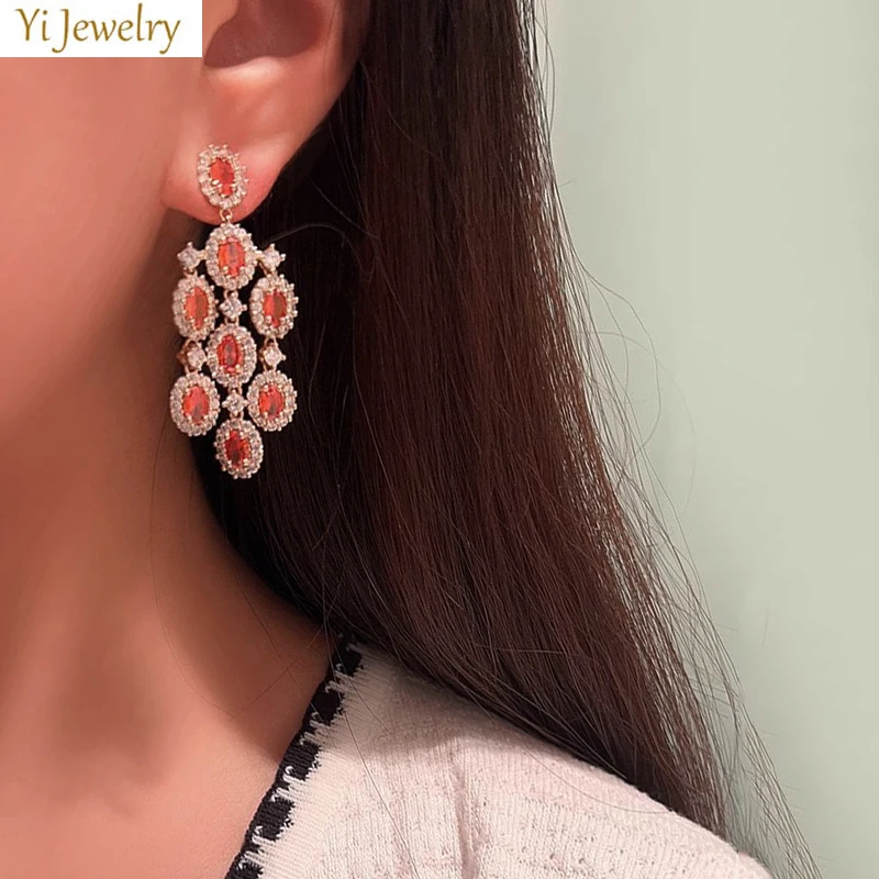 sparkling cubic zirconia earrings orange red silver color jewelry wedding bride earrings tassel round drop chain pendant
