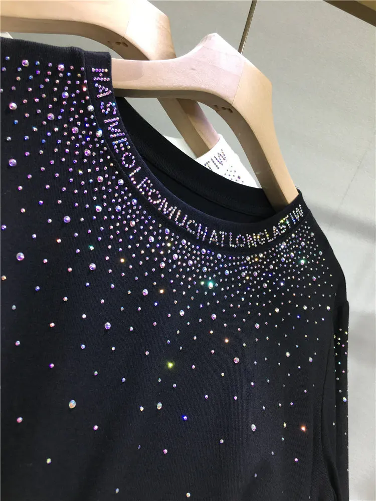 Blingbling Shiny Hot Diamonds Women T-shirt 2026 New Autumn Slim Black Basic Top Large Size Round Neck Long Sleeve Casual Tees