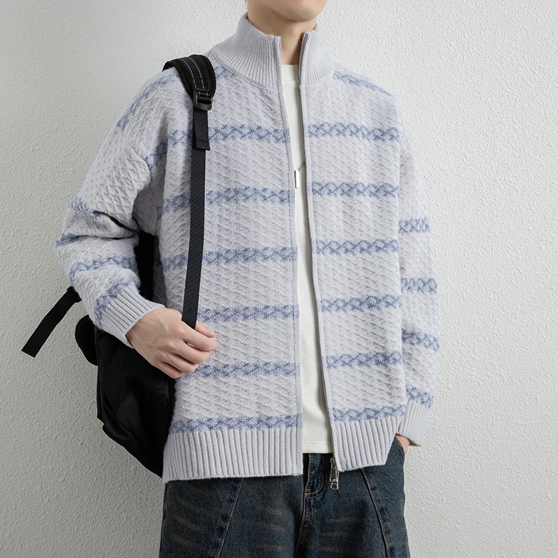 

Мужской вязаный кардиган на молнии с воротником-стойкой, с интарсией, повседневный, осенне-весенний, утолщенный, из мягкого полиэстера и нейлона