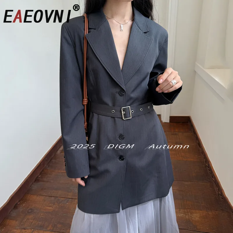 

EAEOVNI Autumn Belt Women's Blazer Jacket Fashion Long Sleeve Solid Color Gathered Waist Coat Office Lady 2025 New Clothing