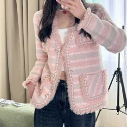 Striped Button Pockets Cardigan Long Sleeve Women's Clothing Coats Casual Elegant V-Neck Autumn Winter Contrast Color Tops
