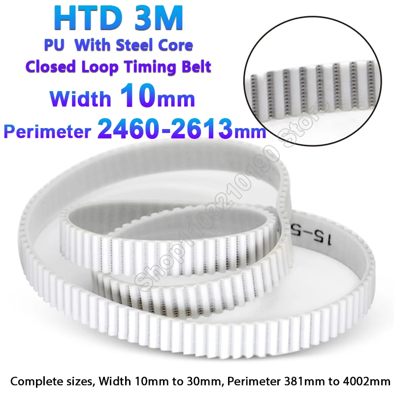 

1Pc HTD 3M PU Timing Belt PU with Steel Core Closed Loop Perimeter 2460-2613mm White Polyurethane 3M Synchronous Belt Width 10mm