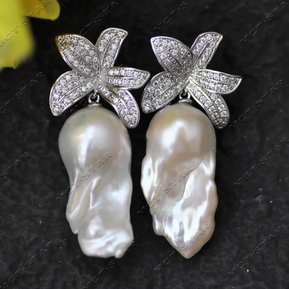 

Z13978 28 мм Цветок CZ Белый Барокко KESHI Reborn Pearl Висячие Серьги Ювелирные Изделия На Заказ
