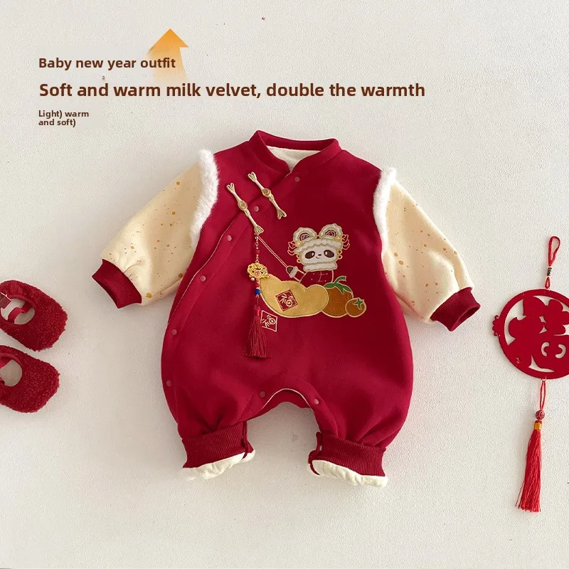 Baby Persimmon Ruyi New Year's Clothing 2025 New Winter Baby Super Cute Plus Velvet Jumpsuit Newborn Clothes