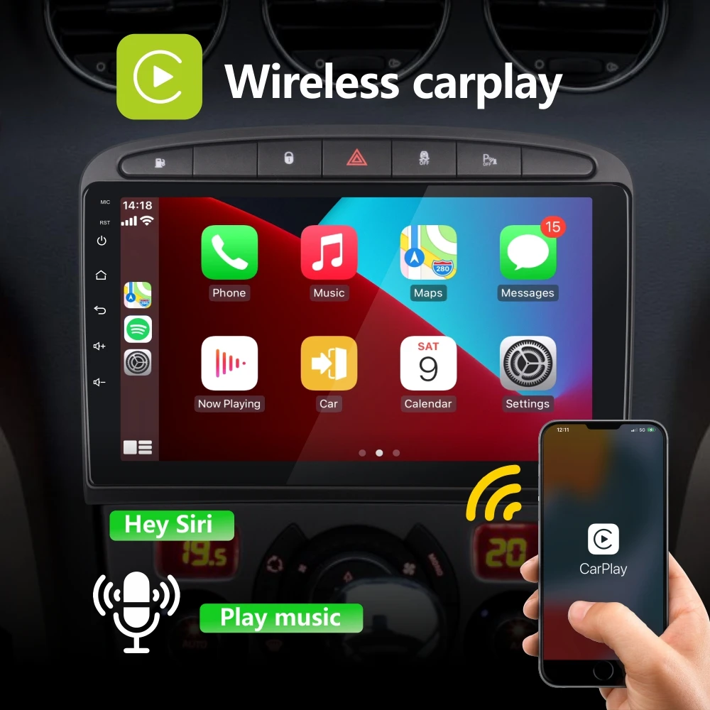 Car Radio with Wireless Carplay Android Auto for Peugeot 308 408 2007-2013 with 9