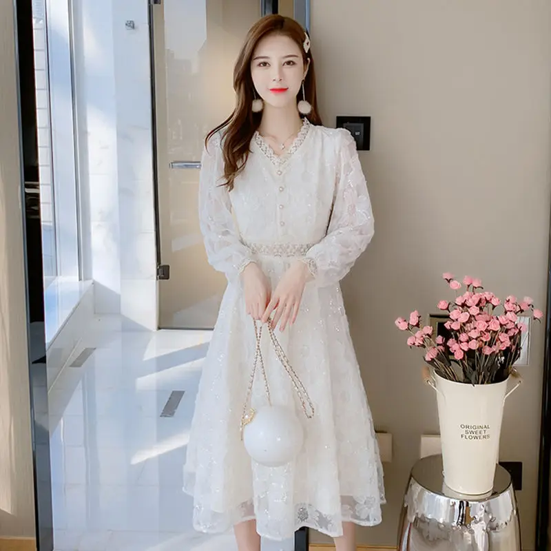 

White Dress Korean Chic Elegant V-neck Stitching Lace Flower High Waist Long Sleeve Female Dresses 2023 Spring Autumn New Q500