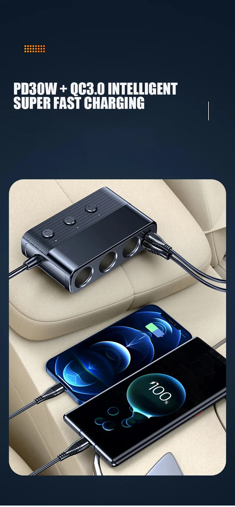 Multifunktions-Autoladegerät 127W Super-Flash-Autoladegerät Zigarettenanzünder-Konverter-Adapter QC3.0 Multi-Port-Schnellladegerät – Detail 3
