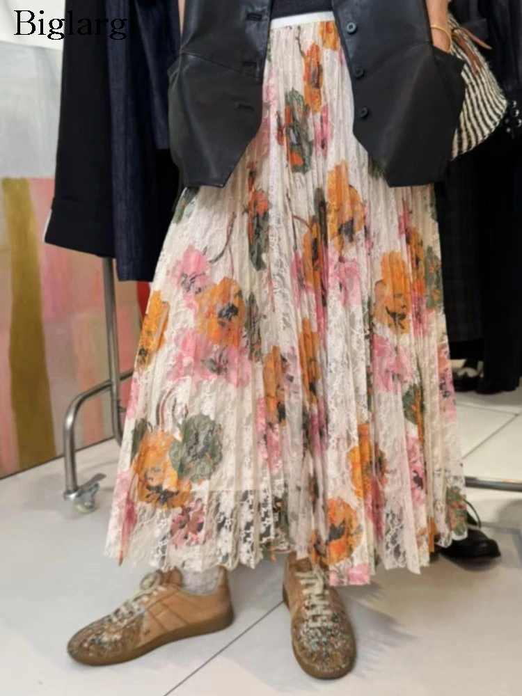 

Новая женская плиссированная юбка с кружевным цветочным принтом, летняя/весенняя, с вырезами, винтажная, с завышенной талией, повседневная, 2026