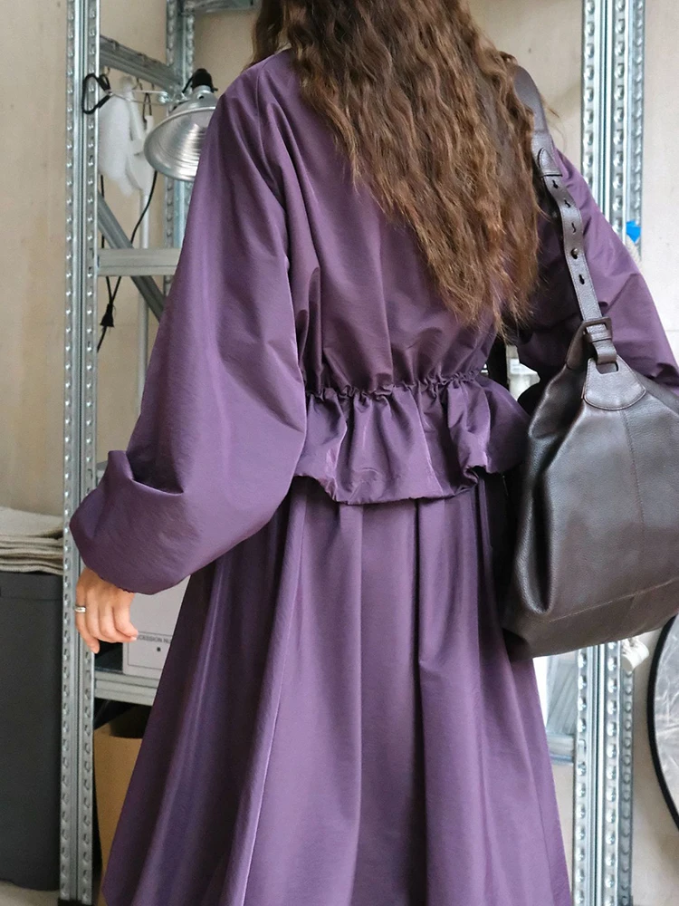 [EAM] Purple Drawstring Big Size Casual Jacket New Stand Collar Long Sleeve Women Coat Fashion Tide Spring Autumn 2024 1DH6530