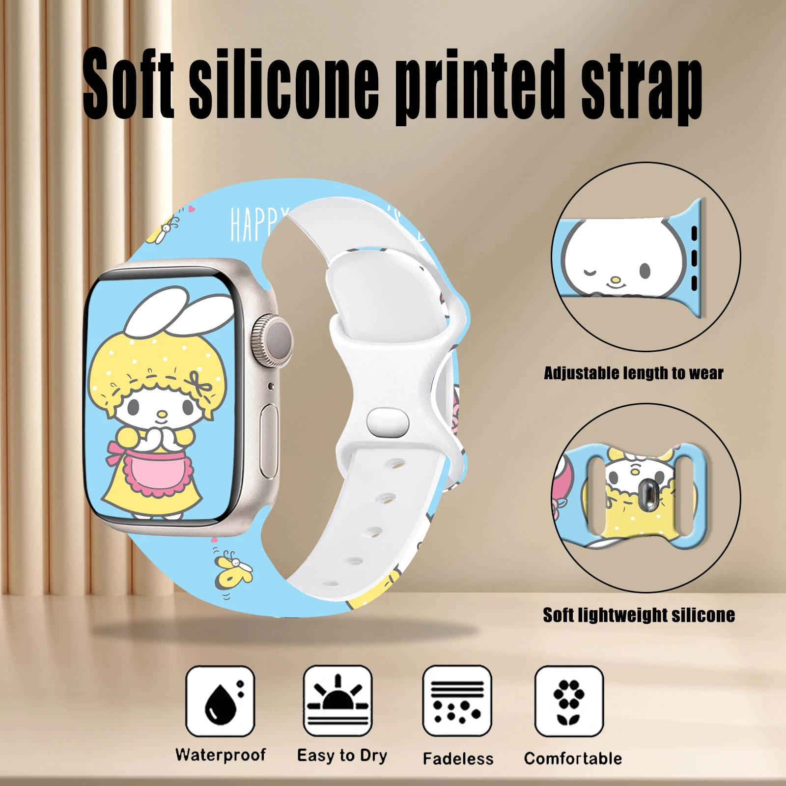 Sanrio Melody Printed Strap for Apple Watch 10 9 8 7 Silicone Band Replaceable Bracelet for iWatch 46mm 45mm 42mm 40mm Watchband