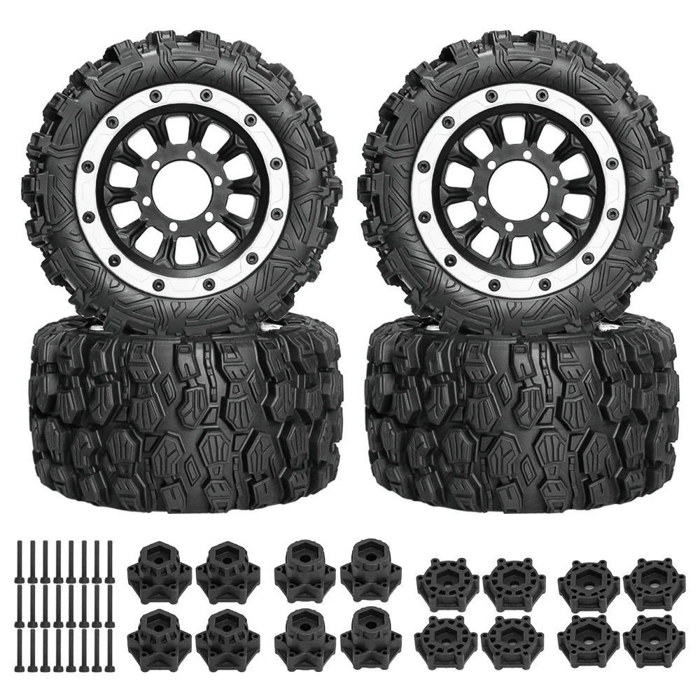 4PCS 1/10 RC Monster Truck Tires Wheels 131mm 5.16in Beadlock Alloy Rim White Red Black 12mm 14mm Hex for Traxxas ARRMA