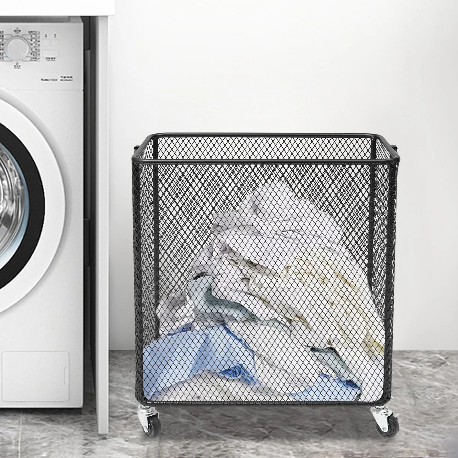 

Rectangular Iron Rolling Laundry Basket,Black Laundry Basket with 4 Wheels,Iron Pipe 13mm Freestanding 43*23*45cm for Balcony