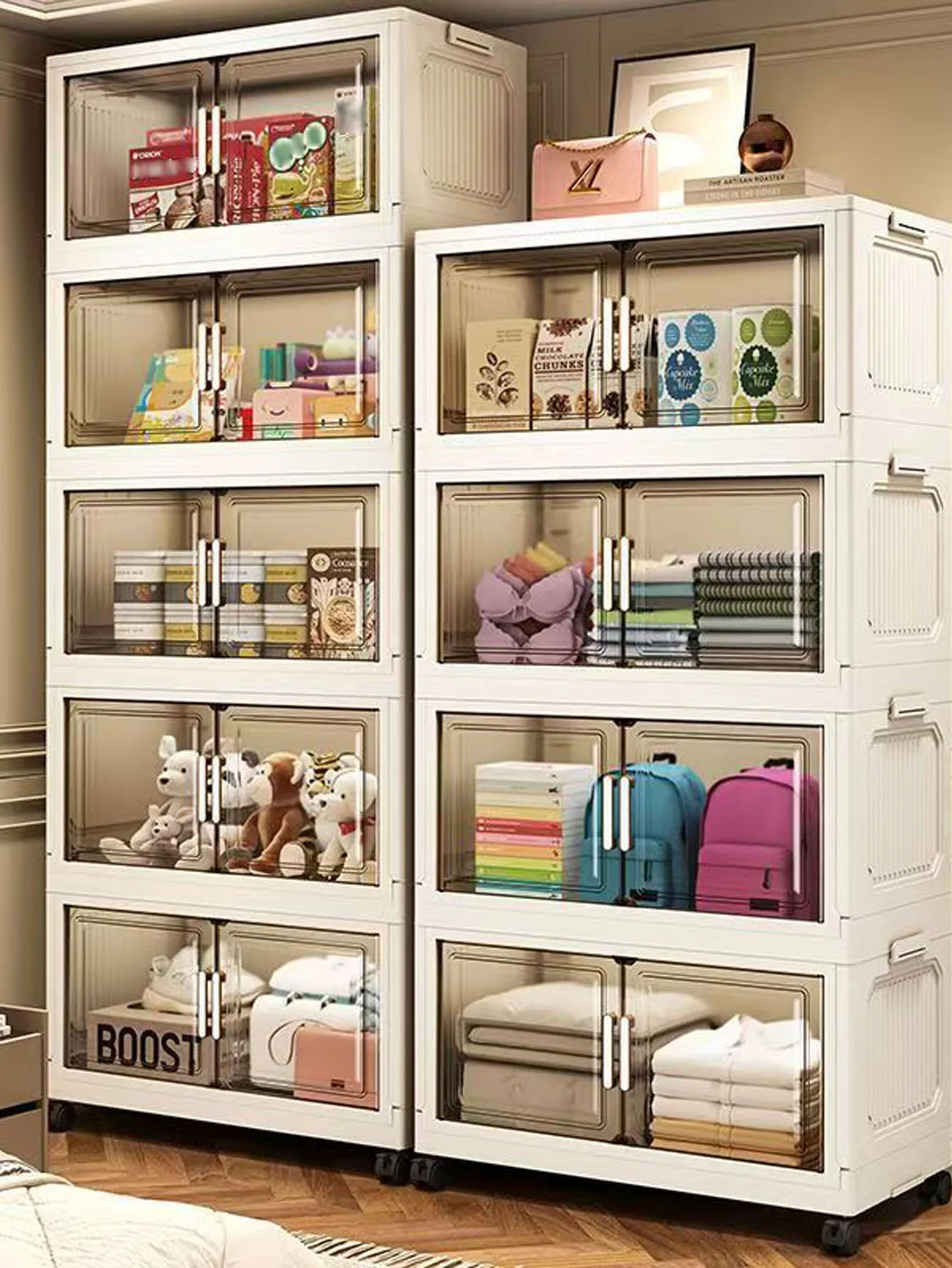Aufbewahrungsschrank, faltbare Aufbewahrungsbox, Wohnzimmerschrank, Spielzeugschrank, Aufbewahrungsregal, Snackschrank, montagefreier Küchenschrank, faltbarer Aufbewahrungsschrank-Organizer