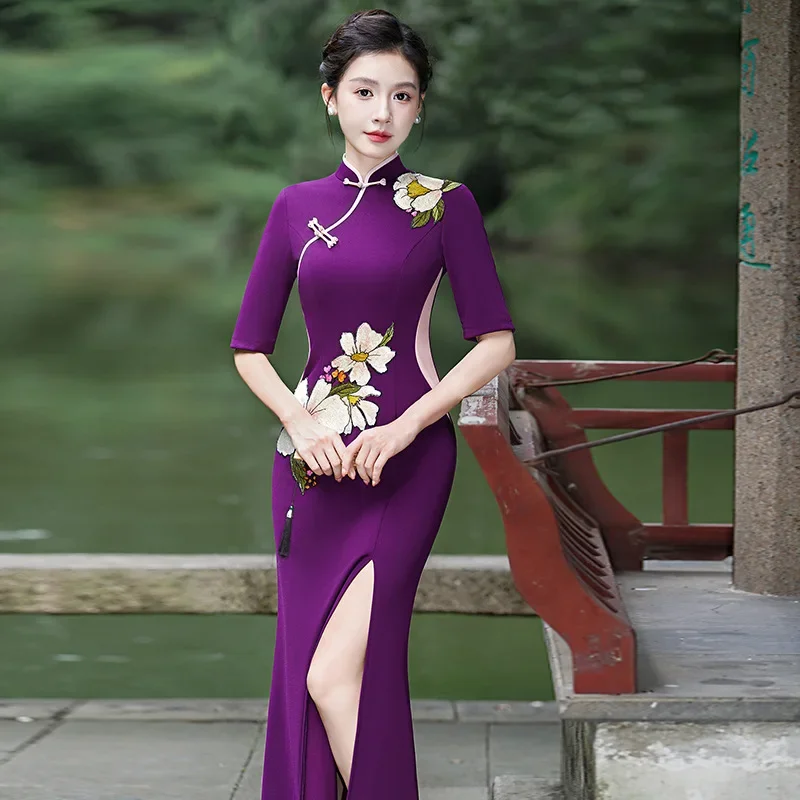 

Purple Print Improved Performance Long Mermaid Cheongsam Retro Slimming Fashion High Slit Dress Elegant Qipao