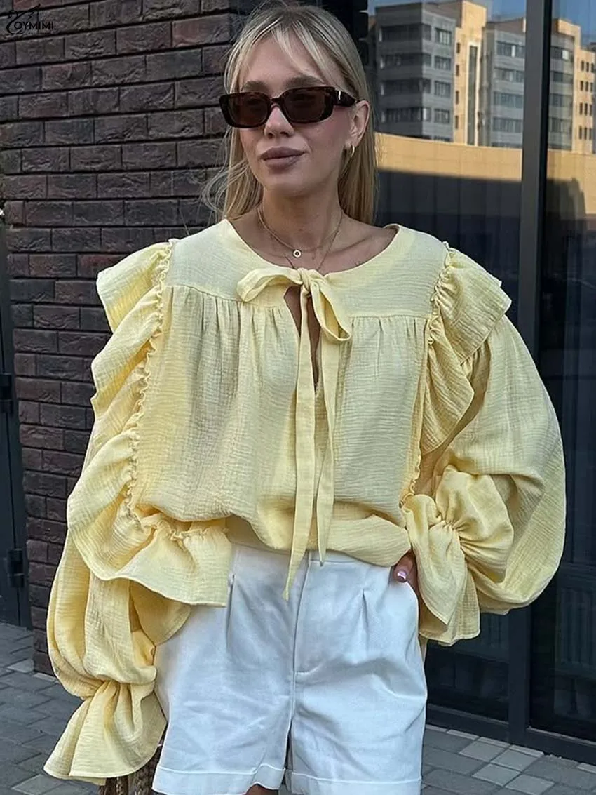 Oymimi Casualowe Żółte Koszule Damskie z Bawełny Eleganckie Bluzki z Dekoltem O-Neck, Falbankami, Długim Rękawem, Modne Bluzki Sznurowane, Luźne Bluzki Damskie
