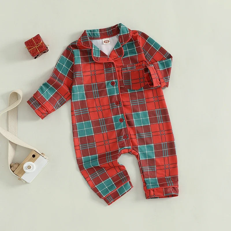 Baby Boy Girls Christmas  Rompers Red Plaid Print Single Breasted Pocket Turn-down Collar Jumpsuits Costume Newborn Clothes