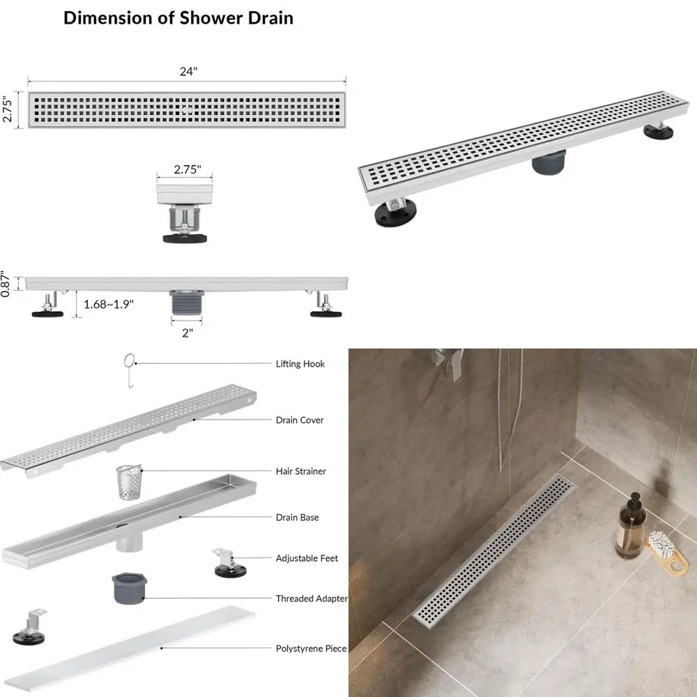 

24 Linear Shower Drain with Removable Grate, Brushed Nickel Finish, CUPC Certified Stainless Steel, Hair Catcher, Leveling Feet