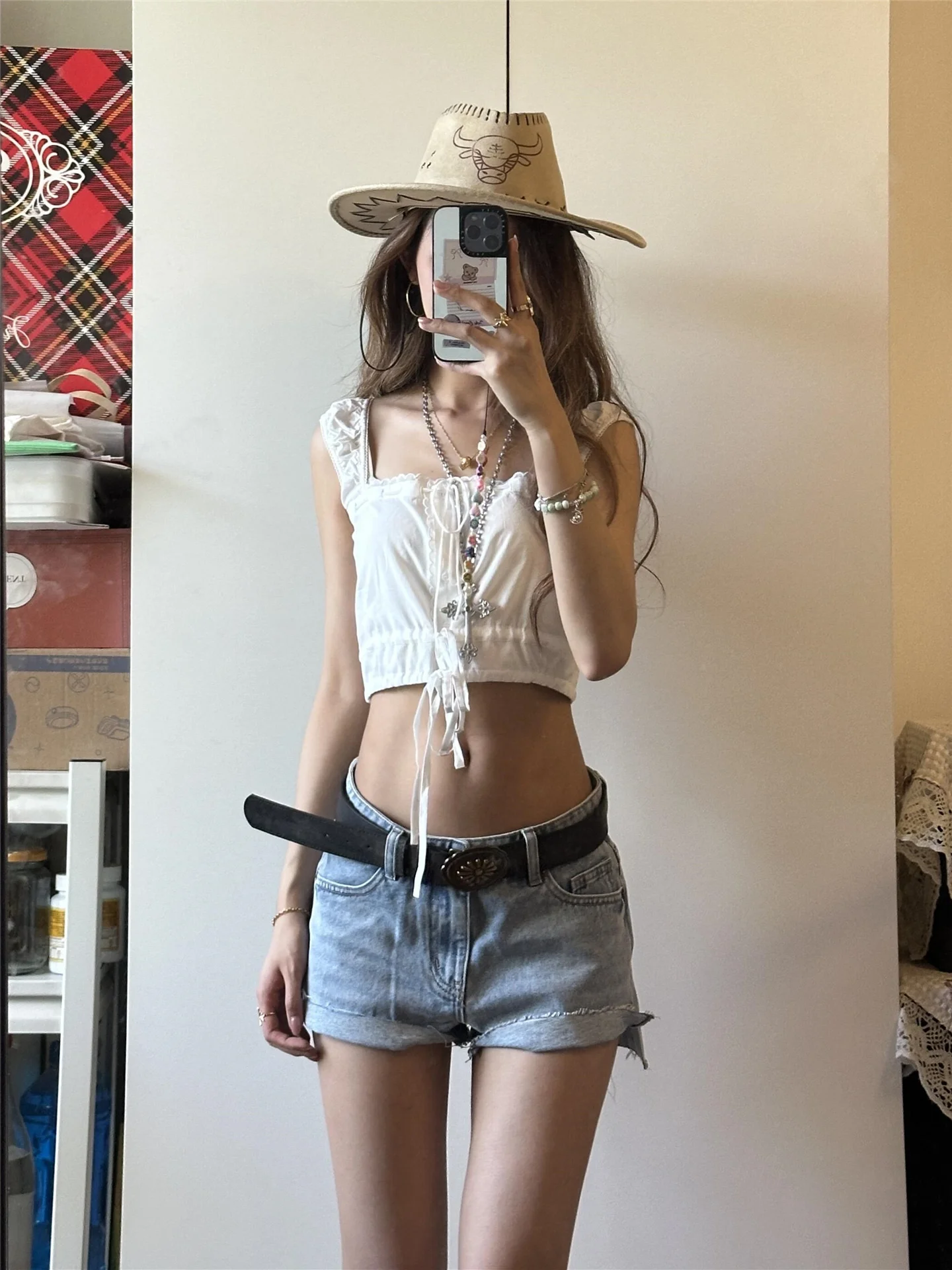 Retro American Low Waist Cuffed Blue Jeans Shorts Women Summer Loose Slimming Frayed Design Casual Cotton Wide Leg Pants