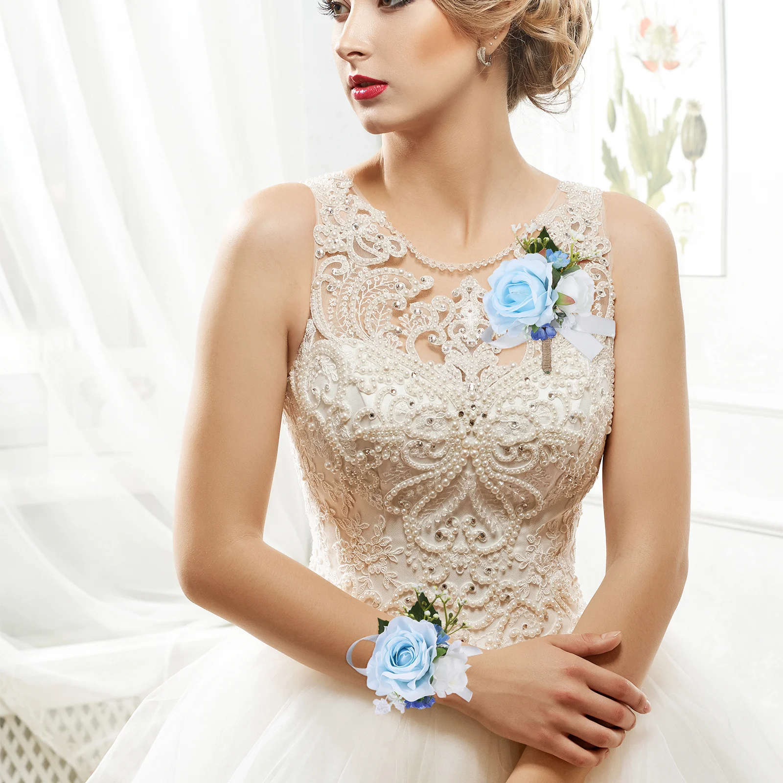 

Stylish Wedding Wrist Corsage Set with Artificial Rose Brooch Boutonniere Decor for Dancing Event