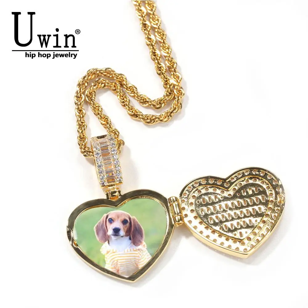 Uwin Heart Clamshell Custom Photo Necklace Men Charm HipHop Bling Iced Out Jewelry Solid back For Gift Tennis Chain