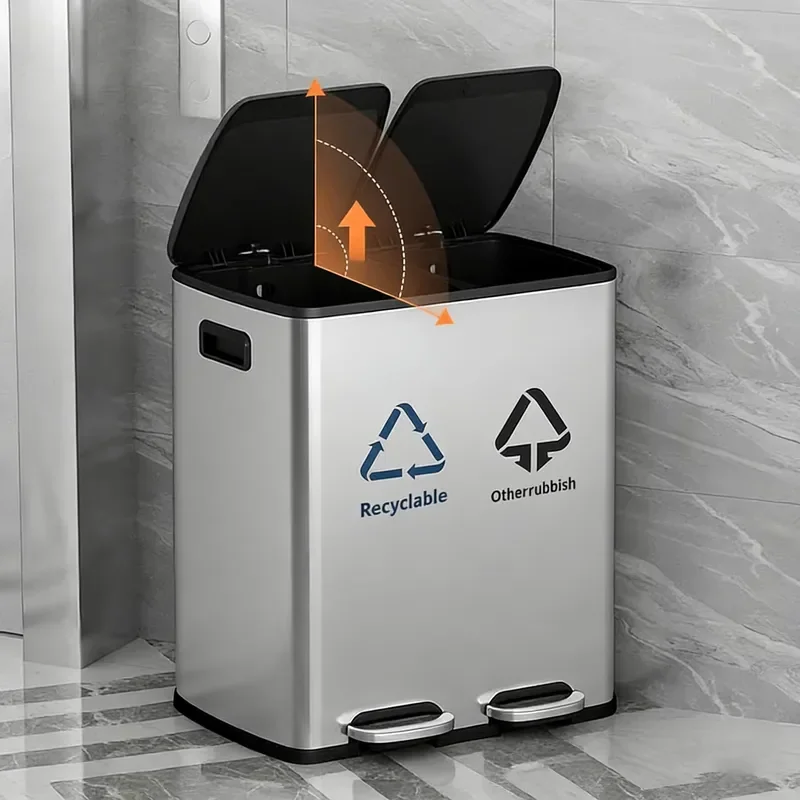 60L Large Capacity Stainless Steel Trash Can Foot Operated Kitchen Garbage Bin Dry Wet Separation Sorting Recycling Household