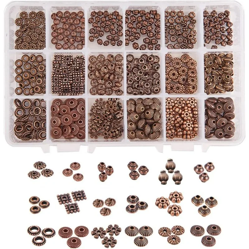 540pcs Tibetan Spacer 18 Styles Red Copper Spacer Beads Flat Alloy Bead Spacers Jewelry Loose Beads Metal Craft